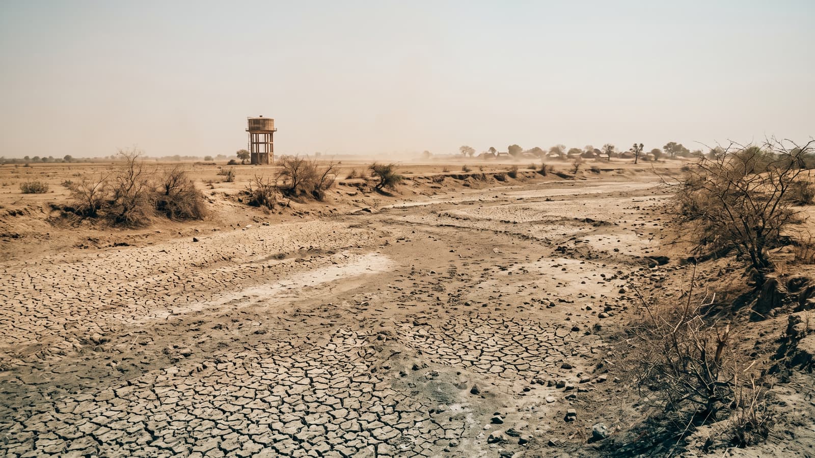 A dried-out riverbed of cracked earth during a drought.