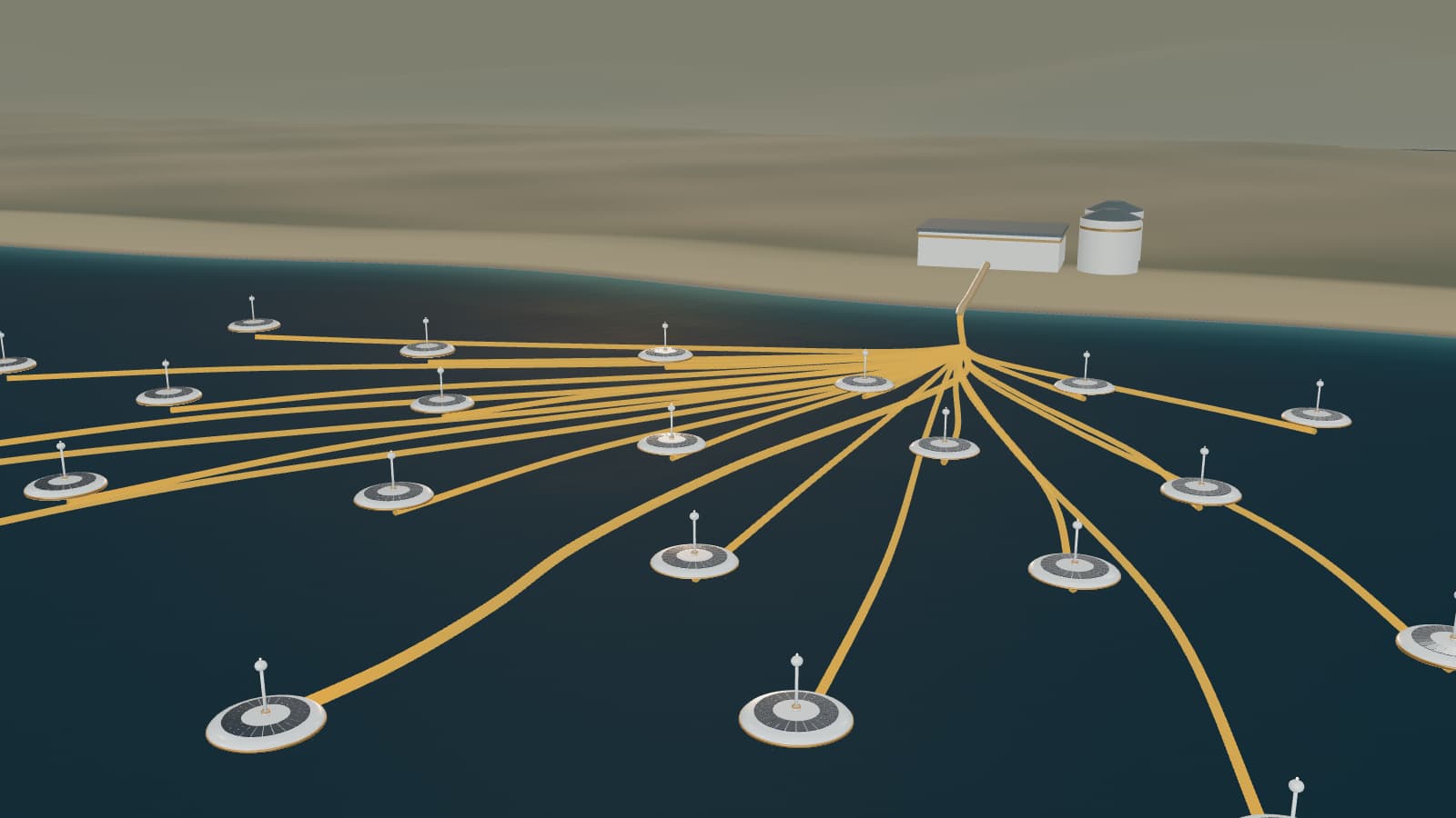 Concept rendering of Liv Fresh units at sea, their pipelines meeting at a collection centre on shore.