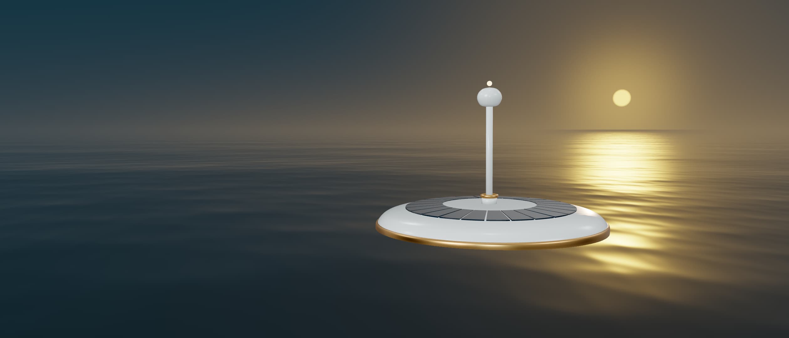 Concept rendering of a Liv Fresh unit floating at sea at sunrise